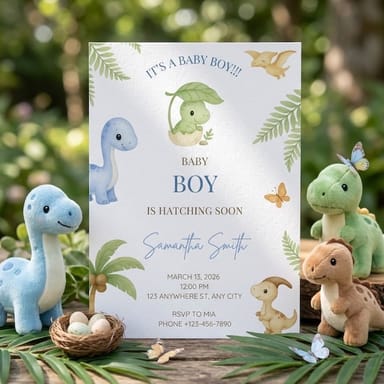 Dinosaur baby shower invitation with theme-matched props