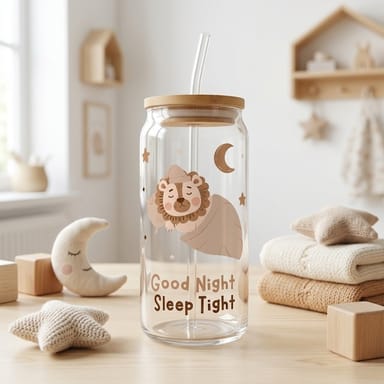 Glass cup with sleepy lion design and nursery props